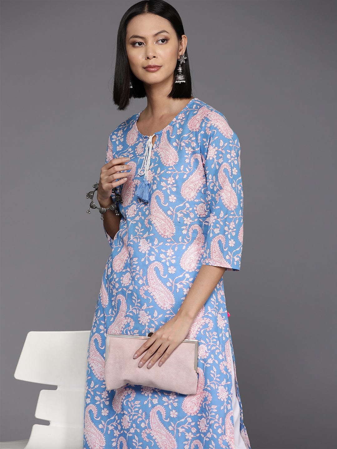 Varanga Women Blue Abstract Printed Round Neck With Drawstring Details Straight Kurta