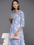 Varanga Women Blue Abstract Printed Round Neck With Drawstring Details Straight Kurta