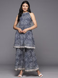 Varanga Women Blue And White Leheriya Halter Neckline Gota Work Kurta With Sharara
