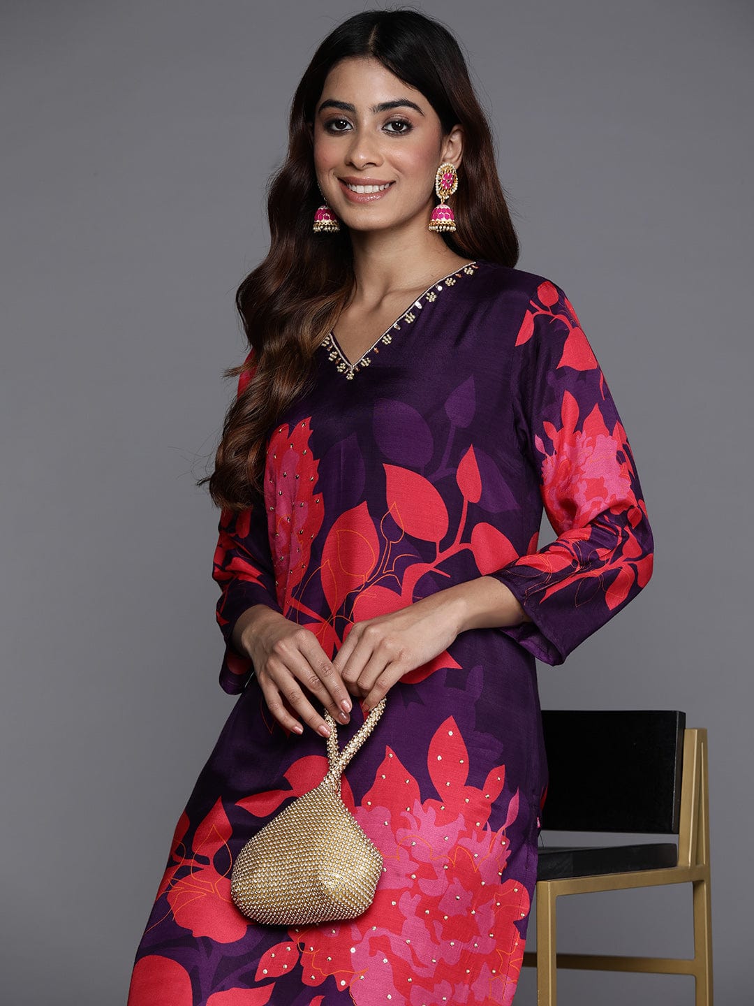 Varanga Floral Printed Sequinned Pure Silk Kurta with Trousers