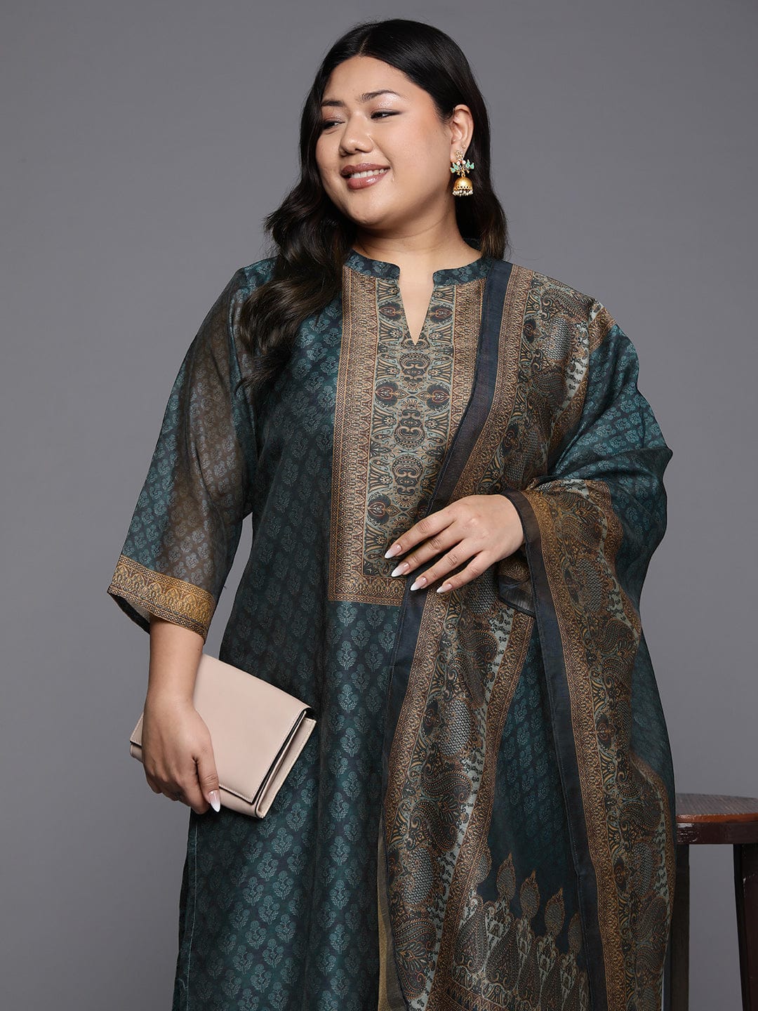 Varanga Plus Size Ethnic Motifs Printed Chanderi Silk Kurta With Trousers Dupatta