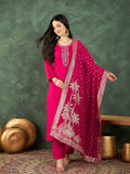 Fuchsia kurta set featuring a bead-embellished yoke, solid ankle-length trousers, and a brocade dupatta