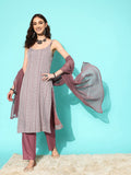 Varanga Mauve Embroidered Round Neck Kurta With Trousers & Dupatta