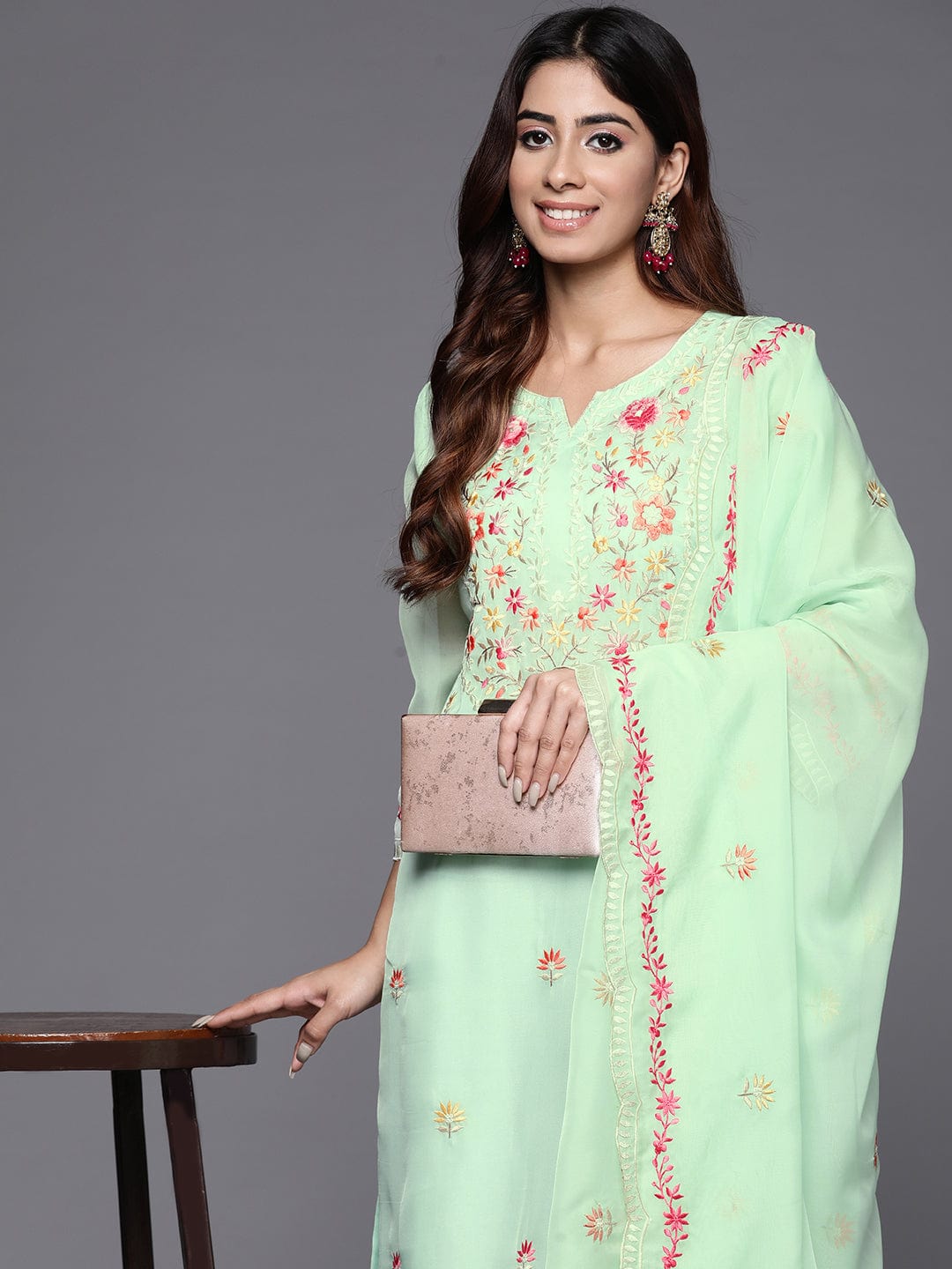Varanga Women Sea Green Thread Embroidered Kurta With Bottom And Dupatta