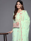 Varanga Women Sea Green Thread Embroidered Kurta With Bottom And Dupatta