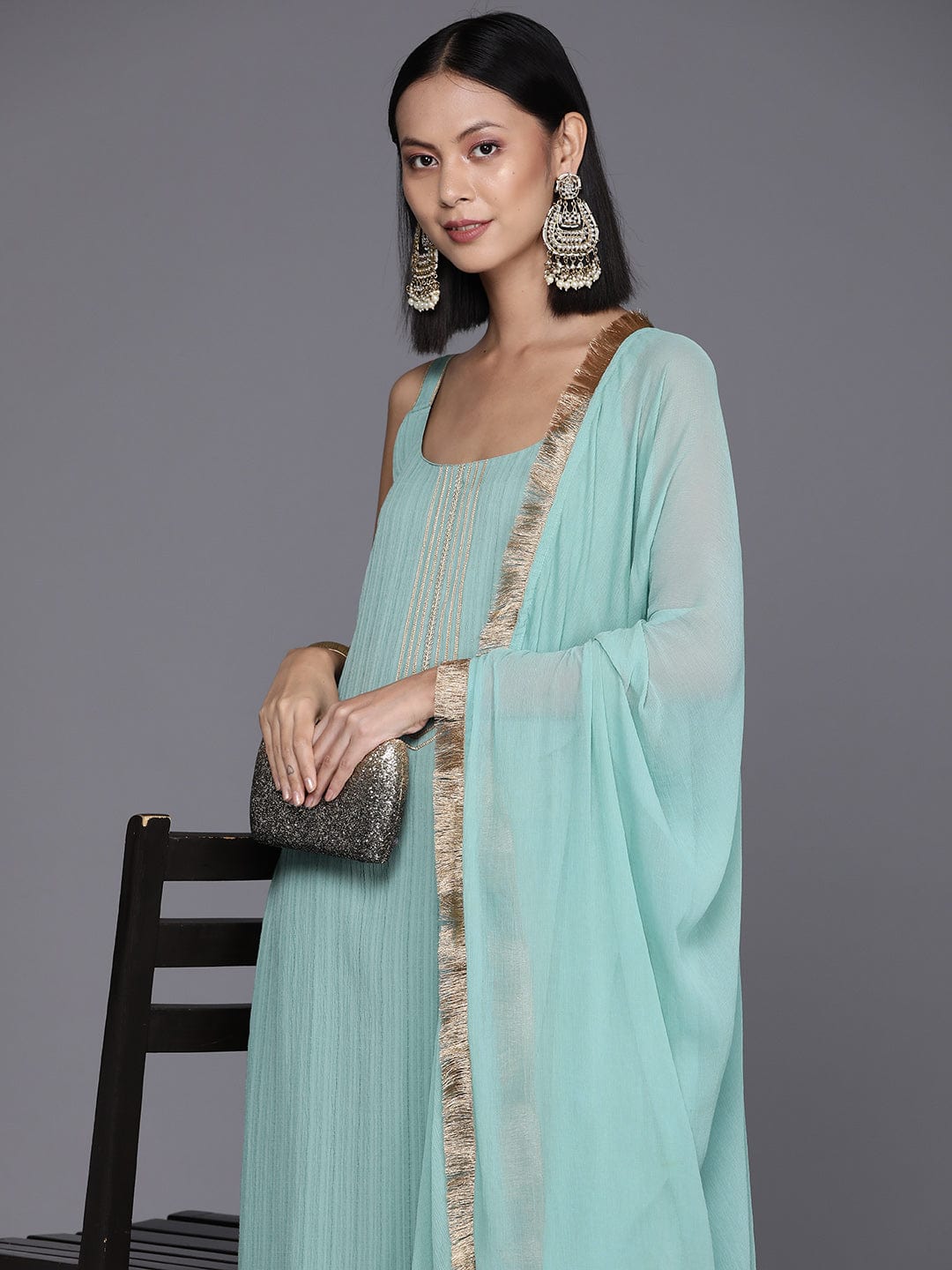 Varanga Women Sea Green Straight Kurta With Tonal Bottom And Dupatta