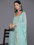 Varanga Women Sea Green Straight Kurta With Tonal Bottom And Dupatta