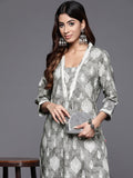 Varanga Women Grey Printed  V-Neck Lace Embellished Straight Kurta