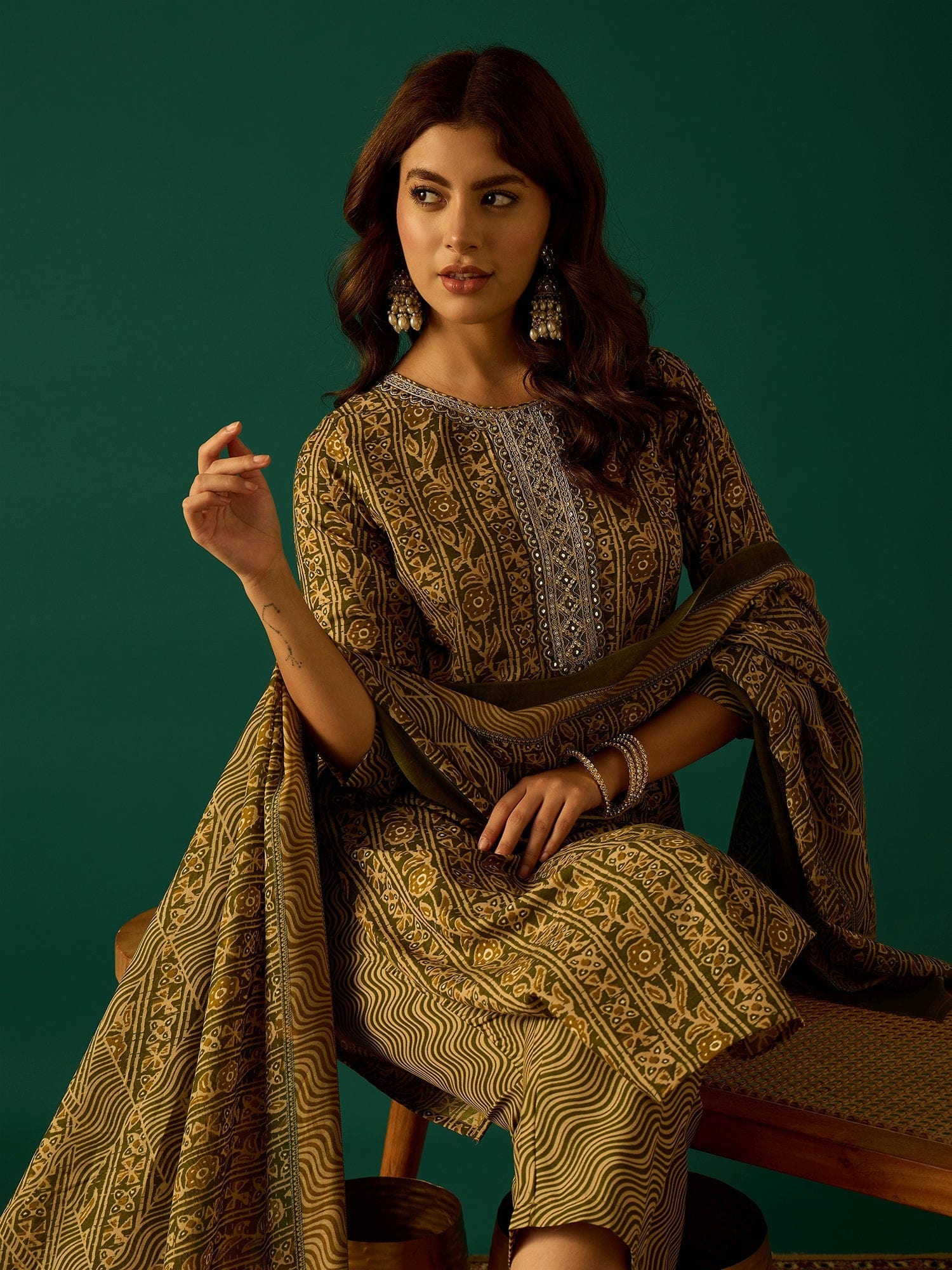 Kurta Set With Zari Yoke Embroidery, Printed Trousers, And Floral Dupatta