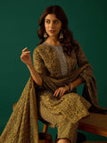 Kurta Set With Zari Yoke Embroidery, Printed Trousers, And Floral Dupatta