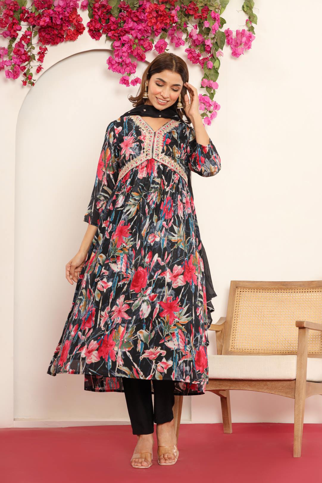 Varanga Women Black Floral Printed Embroidered V-Neck Alia Cut  Kurta Paired With Tonal Dupatta