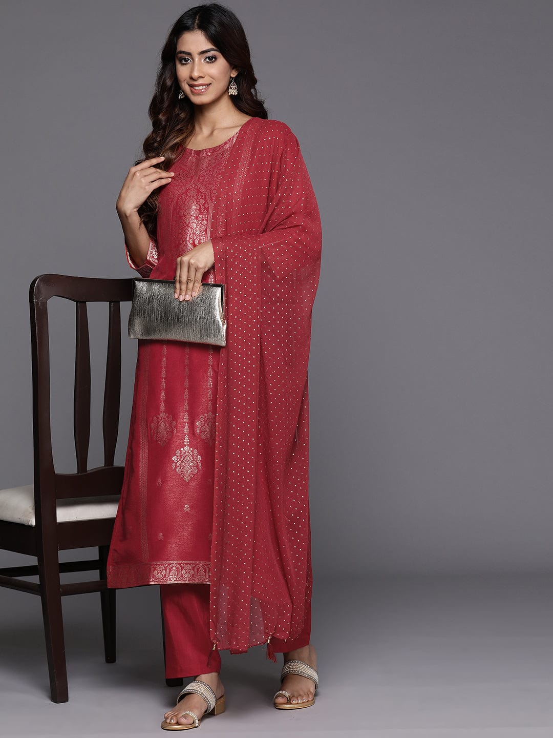 Varanga Women Rust Jacquard Weave Kurta With Bottom And Dupatta
