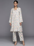 Varanga Women Ivory Grey Ikat Printed V Neck A Line Kurta With Flared Sleeves With Bottom