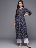 Varanga Women Navy Blue And Grey Floral Printed Indigo Kurta