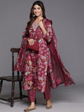 Varanga Women Maroon Floral Printed  Embroidered Kurta Paired With Bottom And Dupatta