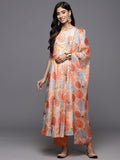 Varanga Women Beige Abstract Printed Sleeveless Anarkali Kurta Paired With Tonal Solid Bottom And Dupatta