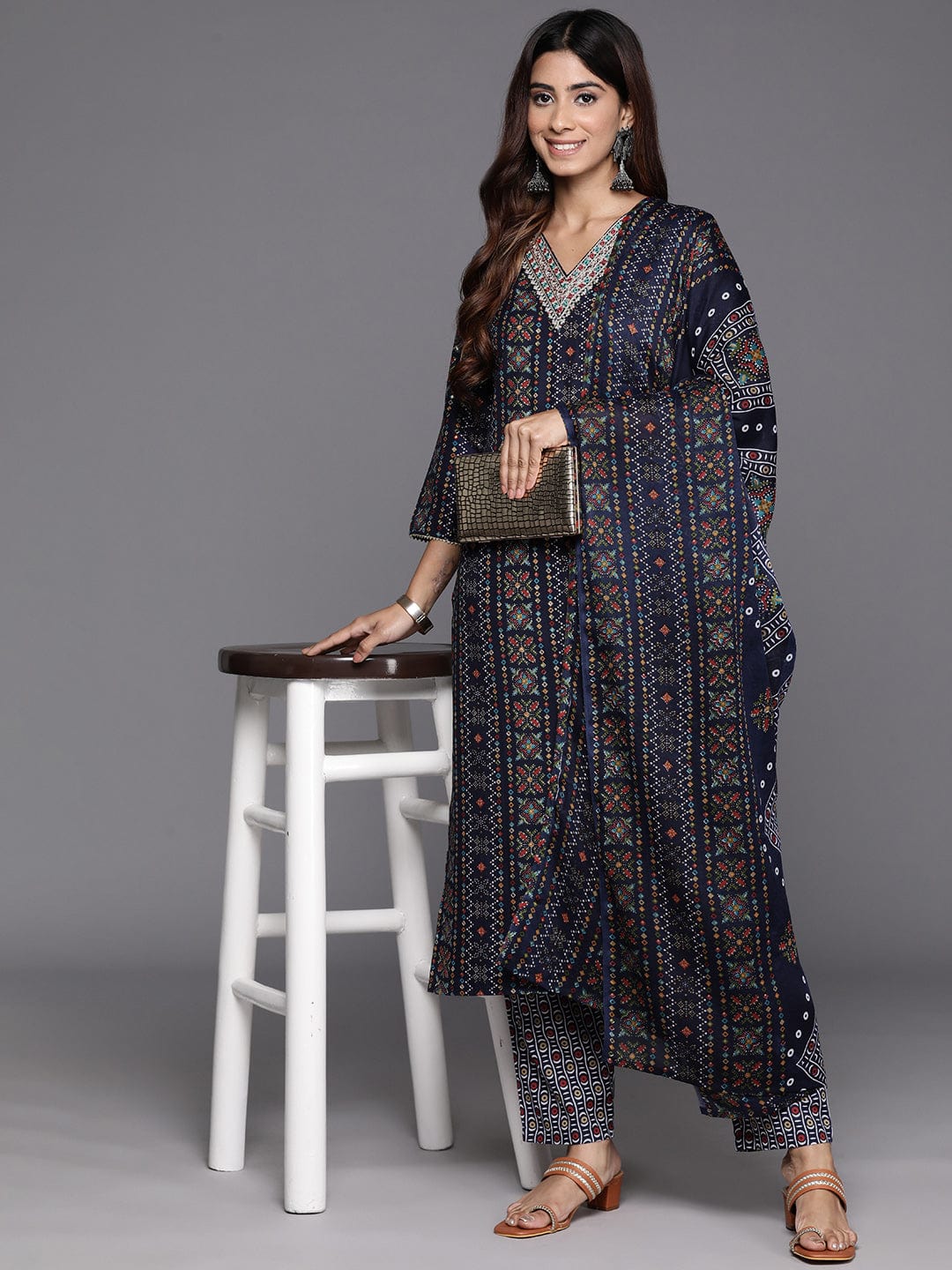 Varanga Women Blue  Printed  Embroidered Kurta With Bottom And Dupatta