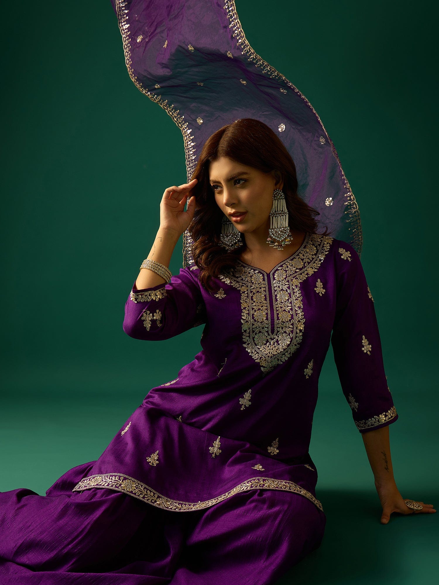 Zari Work Kurta With Sharara And Dupatta