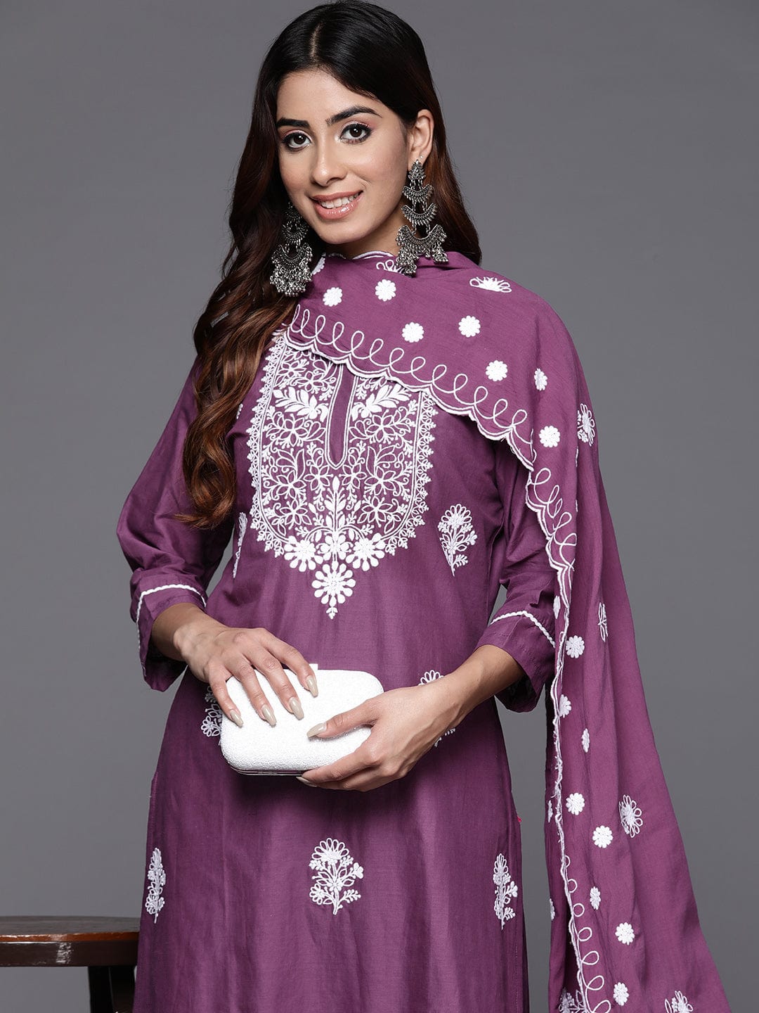 Varanga Women Purple Thread Embroidered Kurta With Tonal Bottom And Dupatta