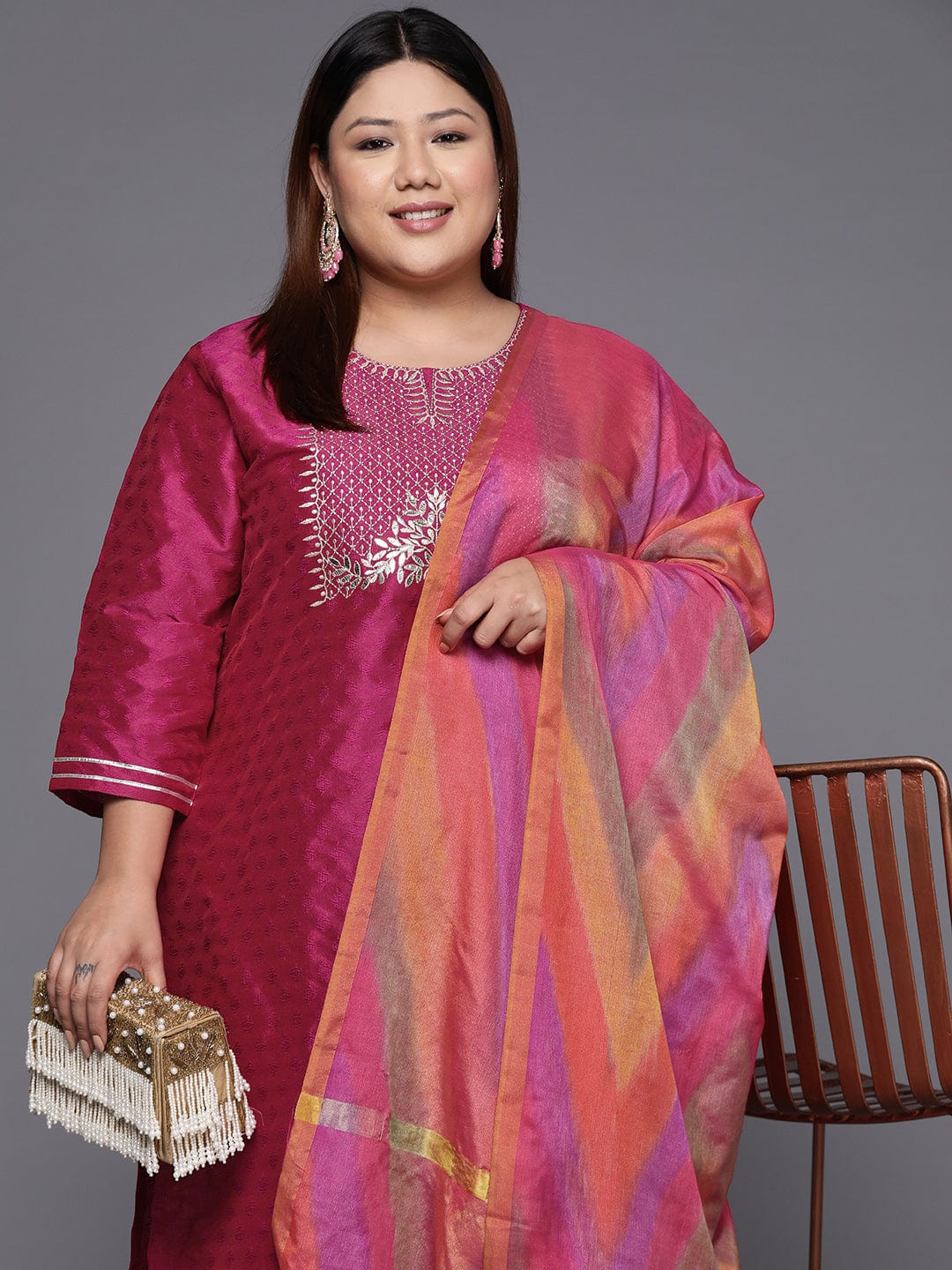 Varanga Women Plus Size Magenta Floral Embroidered Kurta with Trousers & Dupatta