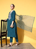 varanga women teal ethnic motifs embroidered sequinned kurta with trousers with dupatta