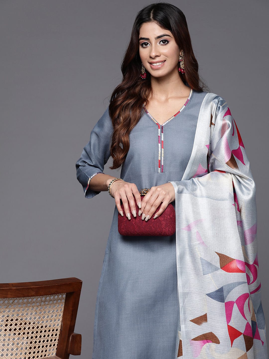 Varanga Women Grey Straight Kurta With Tonal Bottom & Printed Bhaghalpuri Dupatta