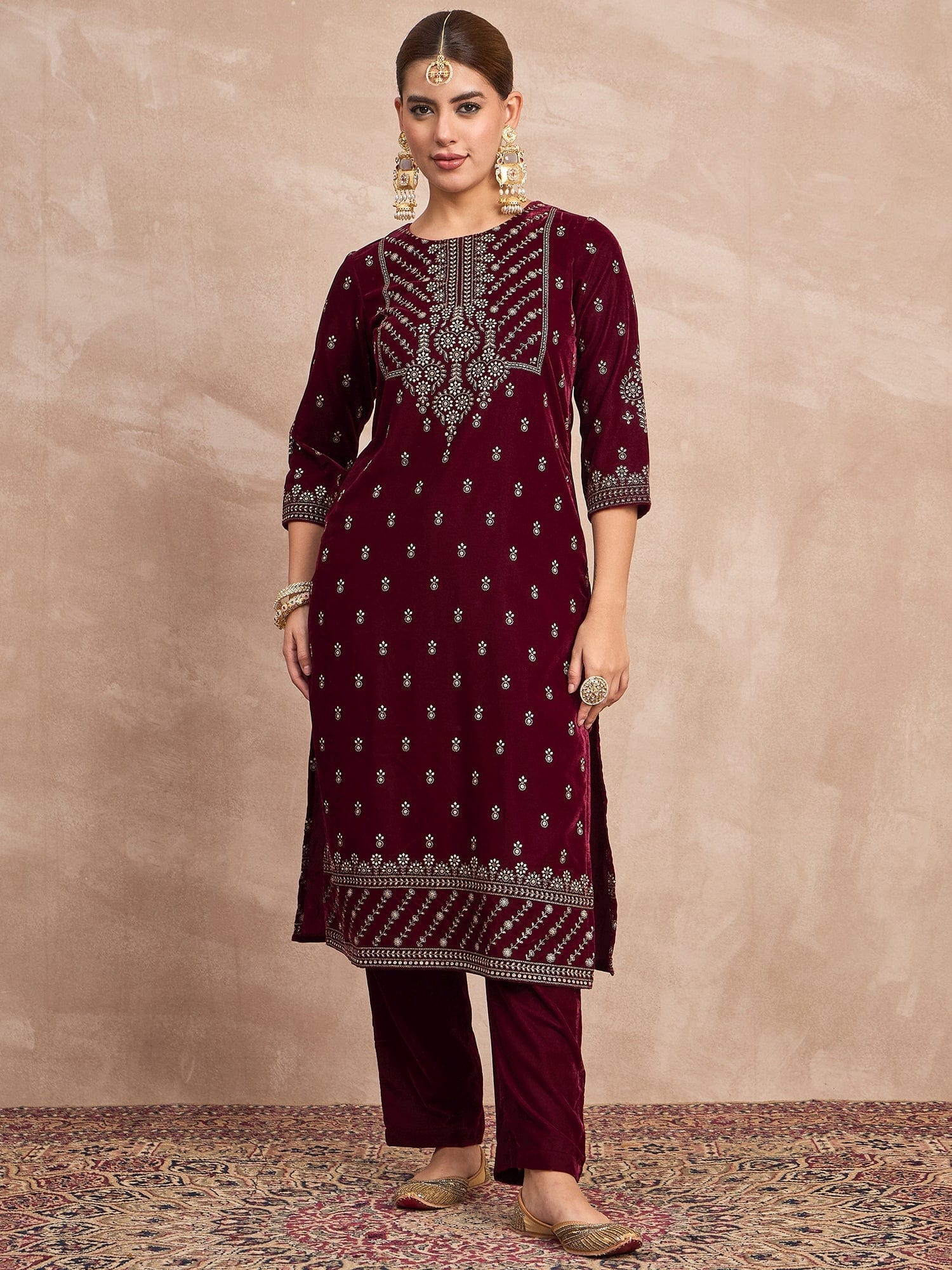 Velvet  Kurta Set , Paired With Trousers, And A Printed Velvet Dupatta