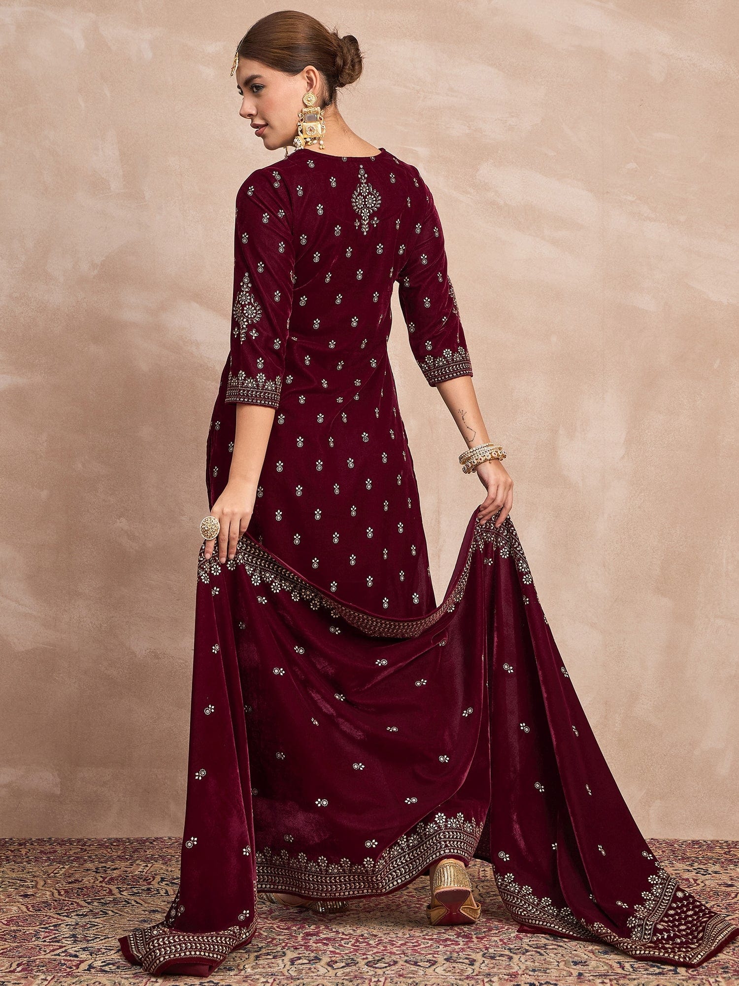 Velvet  Kurta Set , Paired With Trousers, And A Printed Velvet Dupatta