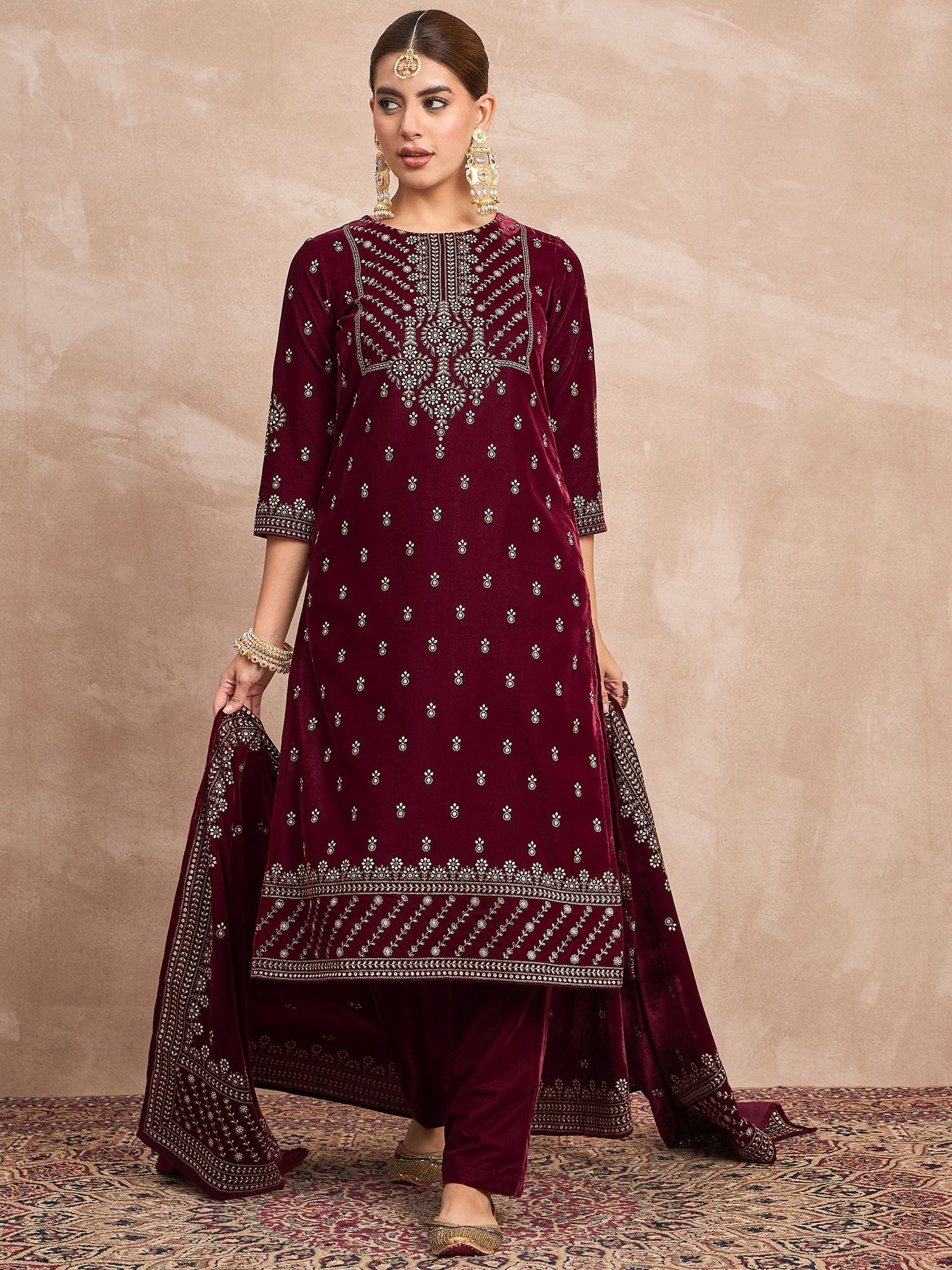 Velvet  Kurta Set , Paired With Trousers, And A Printed Velvet Dupatta