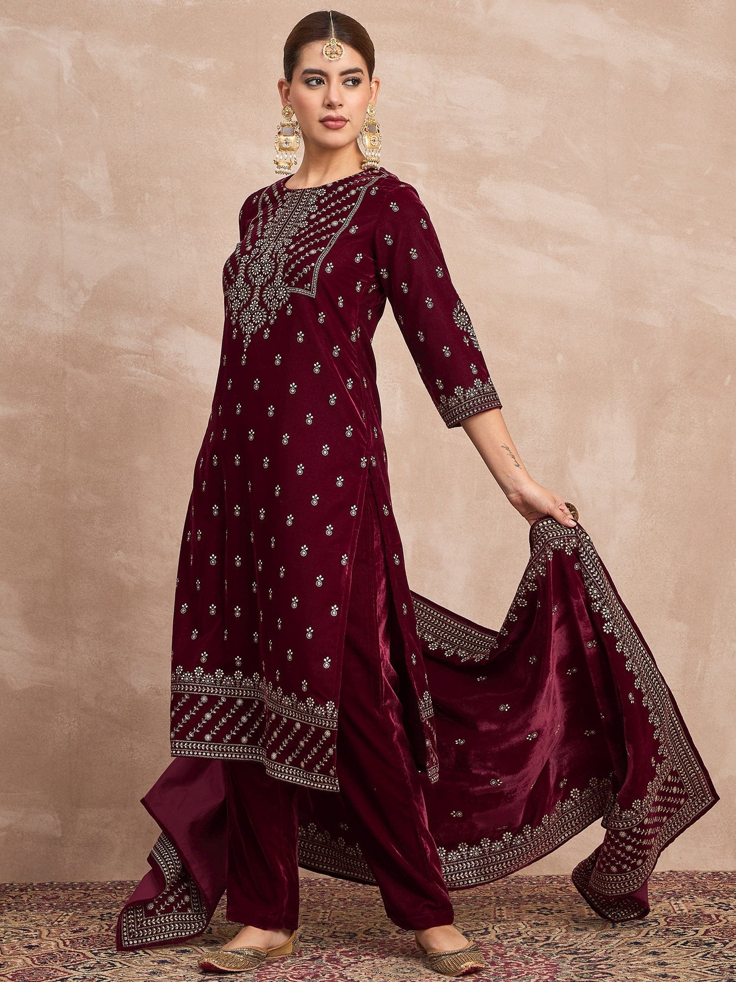 Velvet  Kurta Set , Paired With Trousers, And A Printed Velvet Dupatta