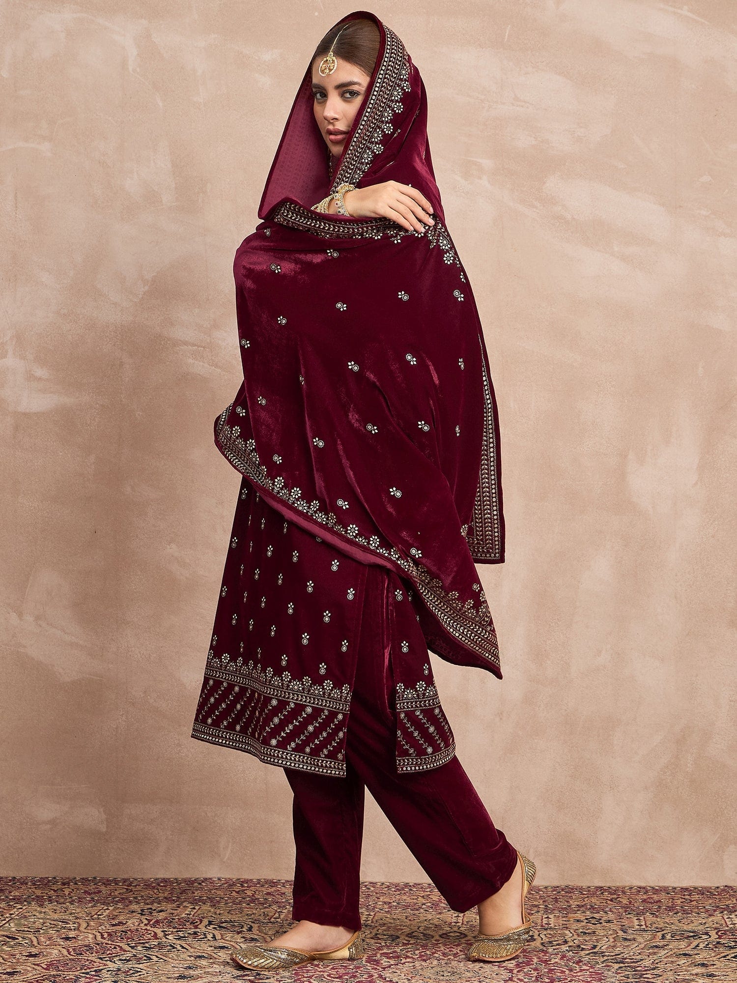 Velvet  Kurta Set , Paired With Trousers, And A Printed Velvet Dupatta