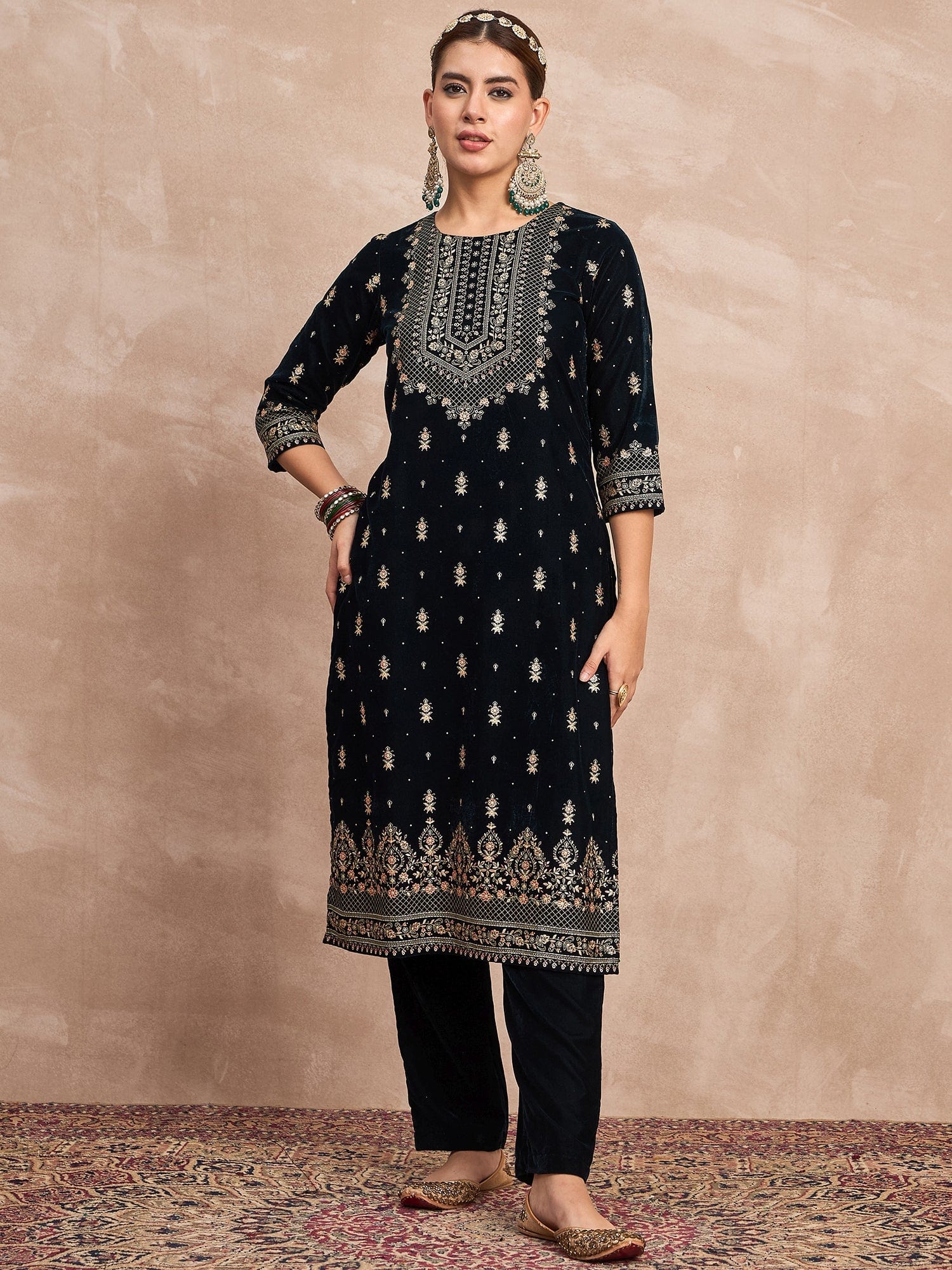 Velvet  Kurta Set , Paired With Trousers, And A Printed Velvet Dupatta