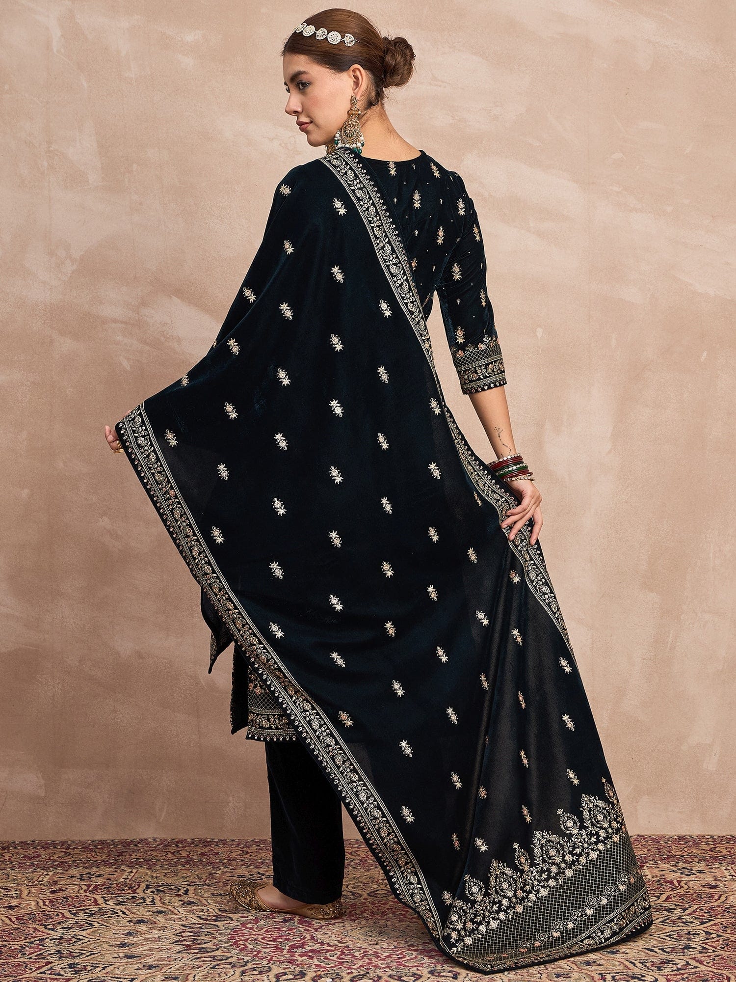 Velvet  Kurta Set , Paired With Trousers, And A Printed Velvet Dupatta