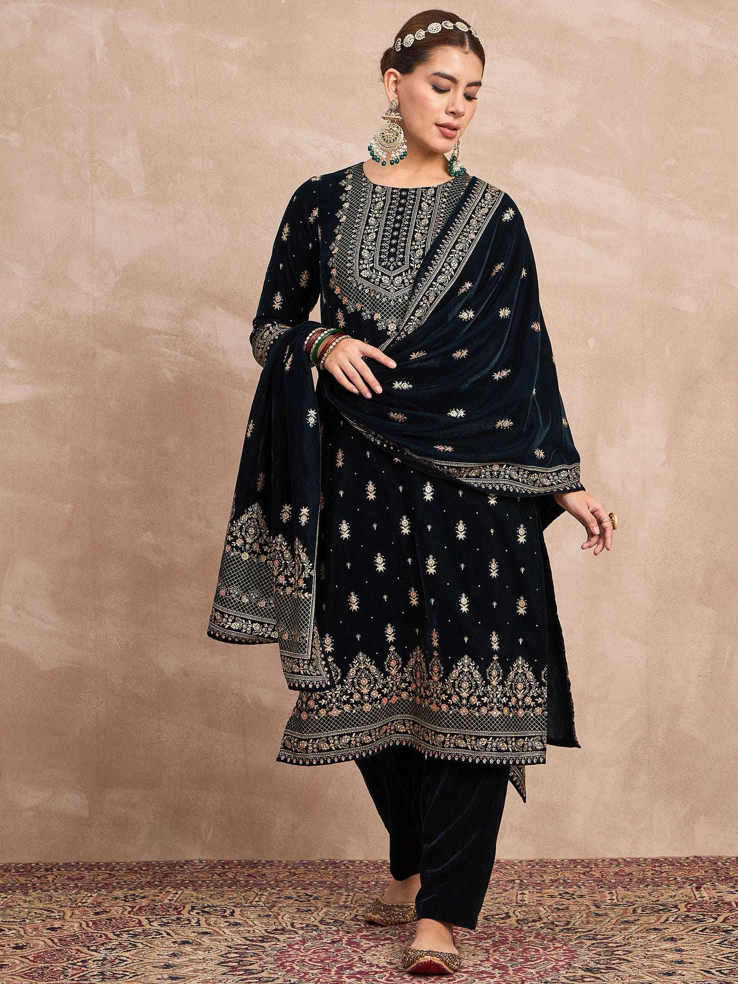 Velvet  Kurta Set , Paired With Trousers, And A Printed Velvet Dupatta