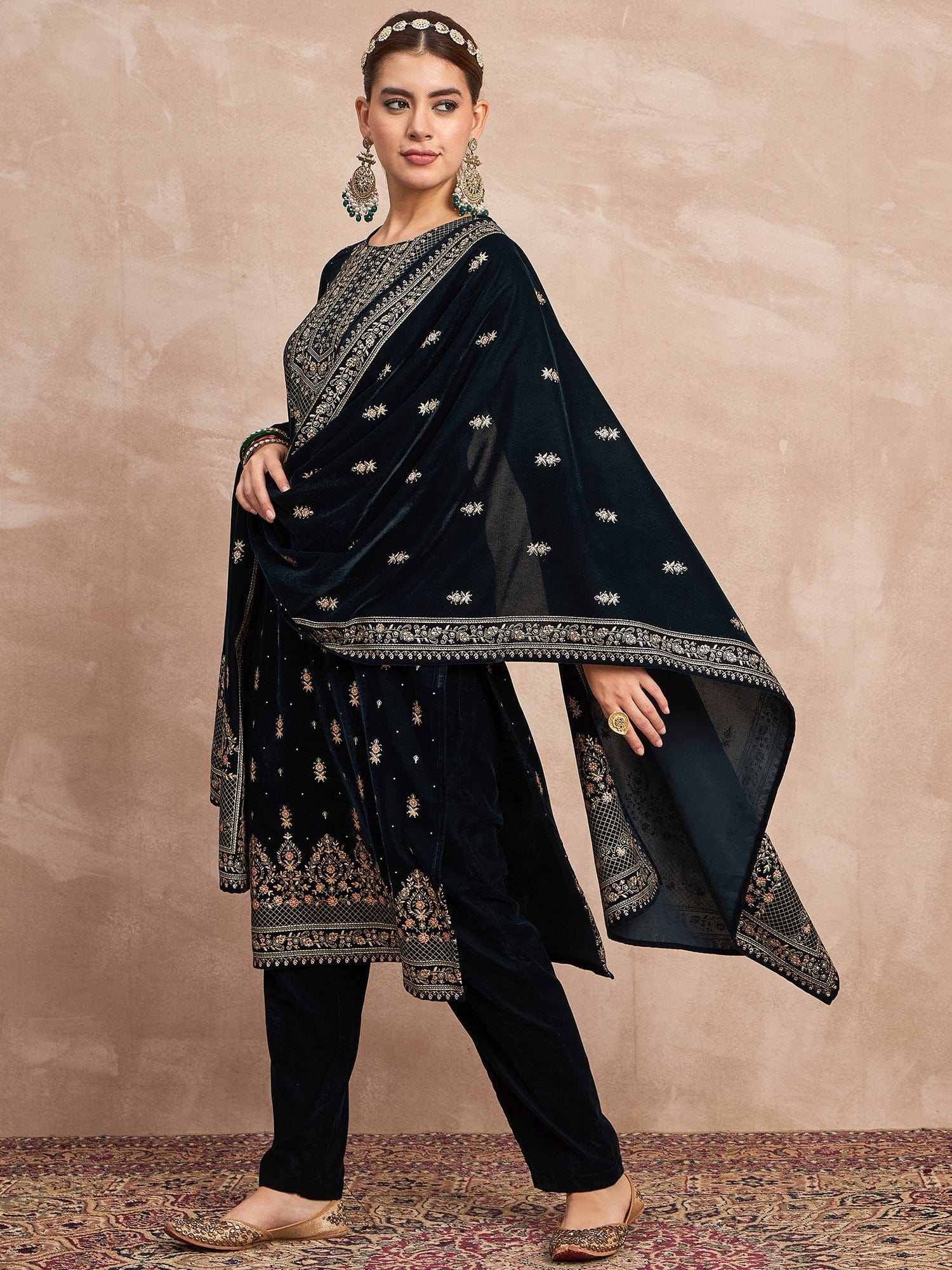 Velvet  Kurta Set , Paired With Trousers, And A Printed Velvet Dupatta