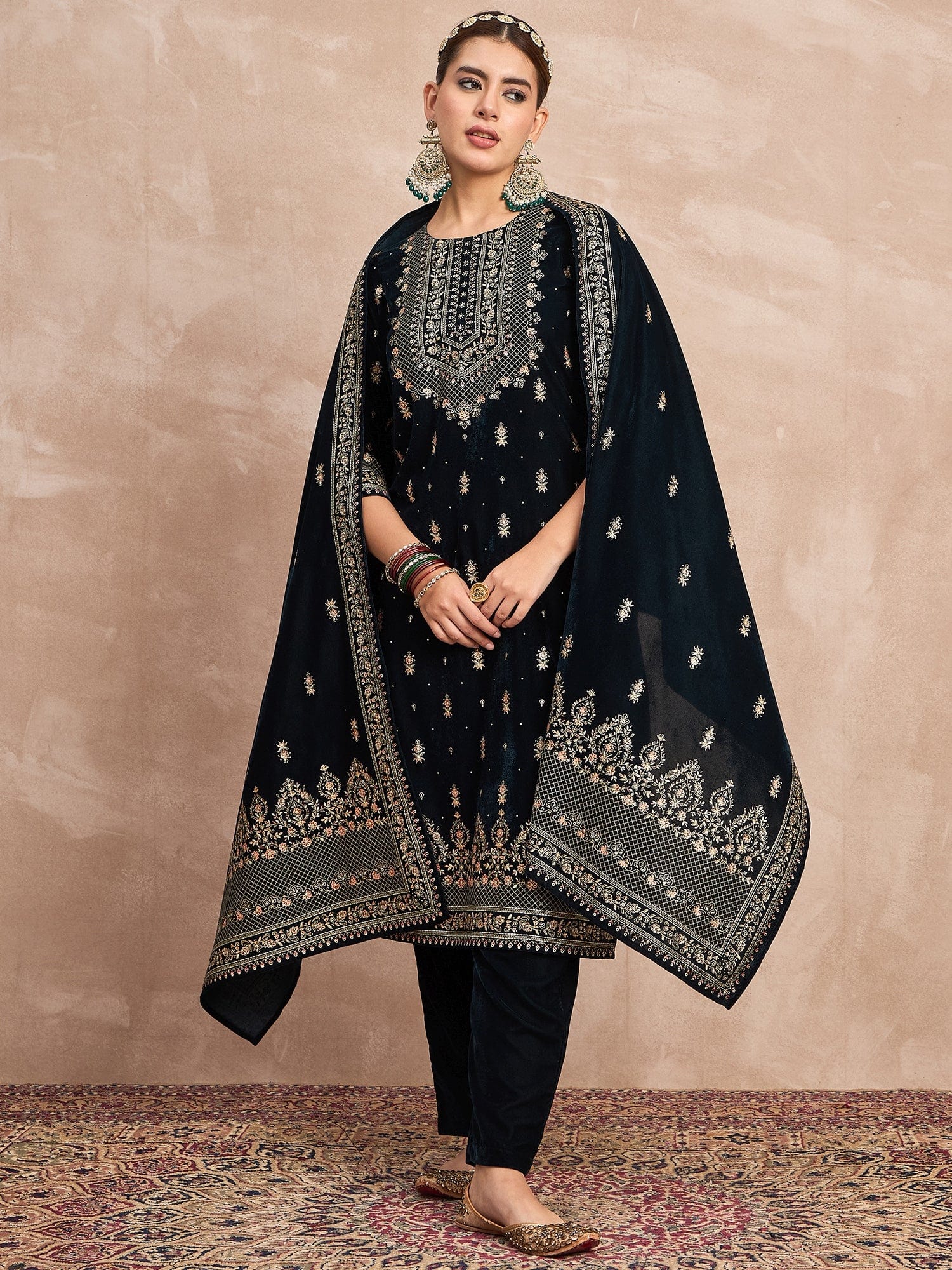 Velvet  Kurta Set , Paired With Trousers, And A Printed Velvet Dupatta