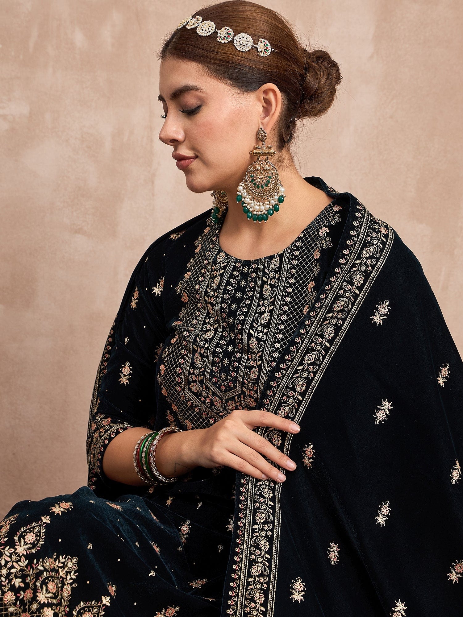 Velvet  Kurta Set , Paired With Trousers, And A Printed Velvet Dupatta