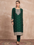Elegant In Deep Green, This Straight-Fit Kurta With Intricate Zari-Embroidered Yoke Is Paired With Ankle-Length Solid Trousers And A Matching Zari-Accented Dupatta