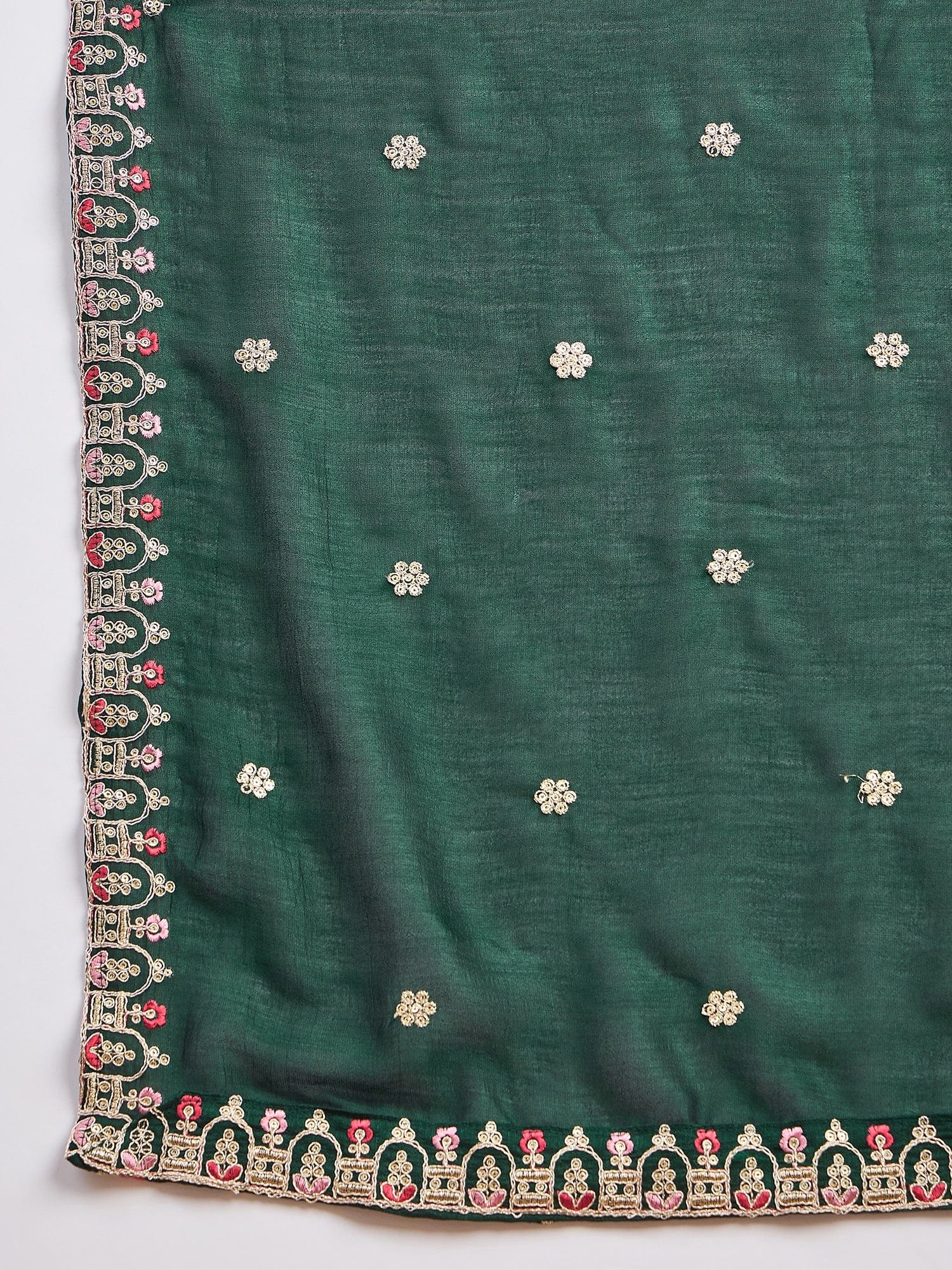 Elegant In Deep Green, This Straight-Fit Kurta With Intricate Zari-Embroidered Yoke Is Paired With Ankle-Length Solid Trousers And A Matching Zari-Accented Dupatta