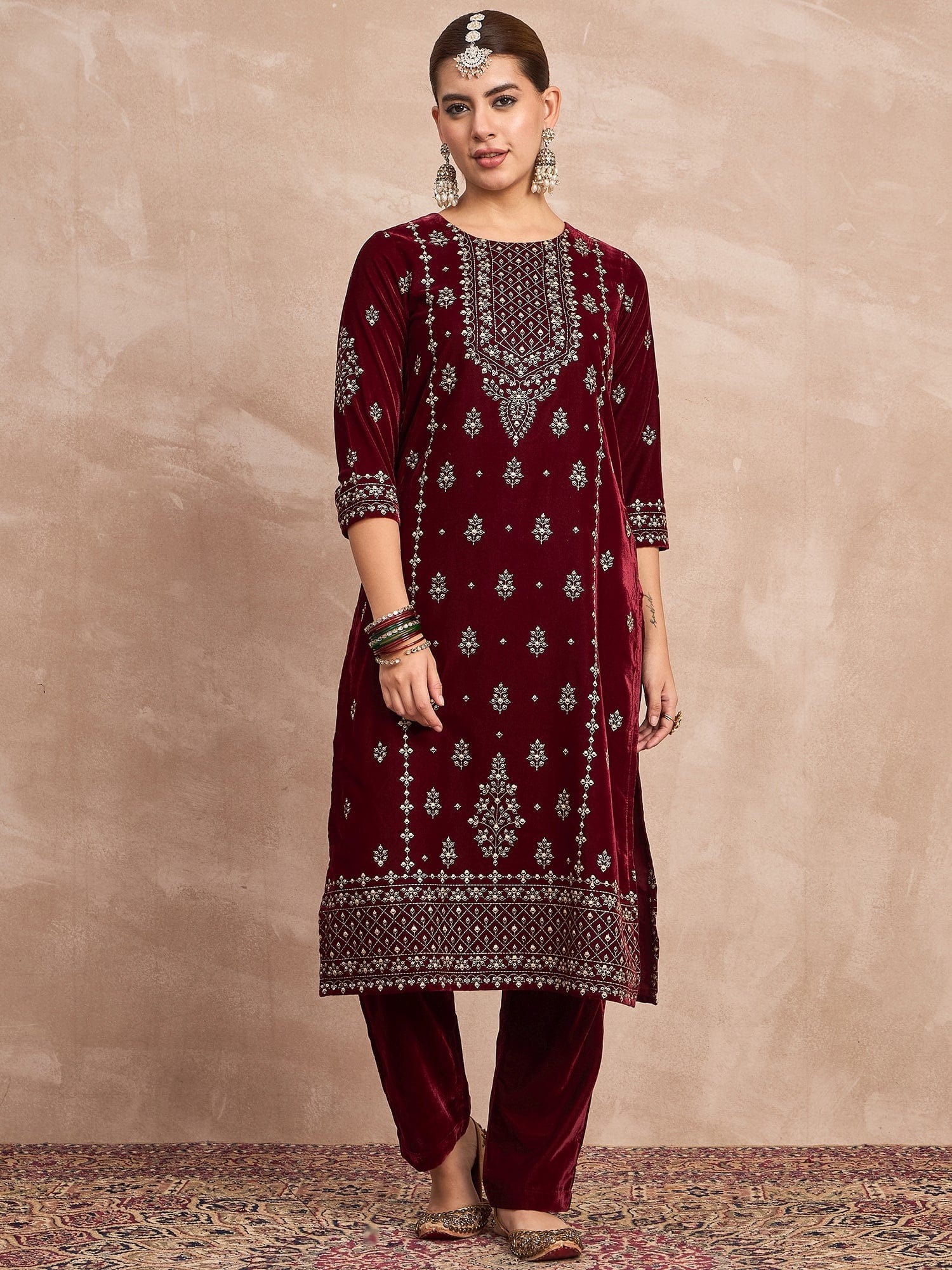 Velvet  Kurta Set , Paired With Trousers, And A Printed Velvet Dupatta