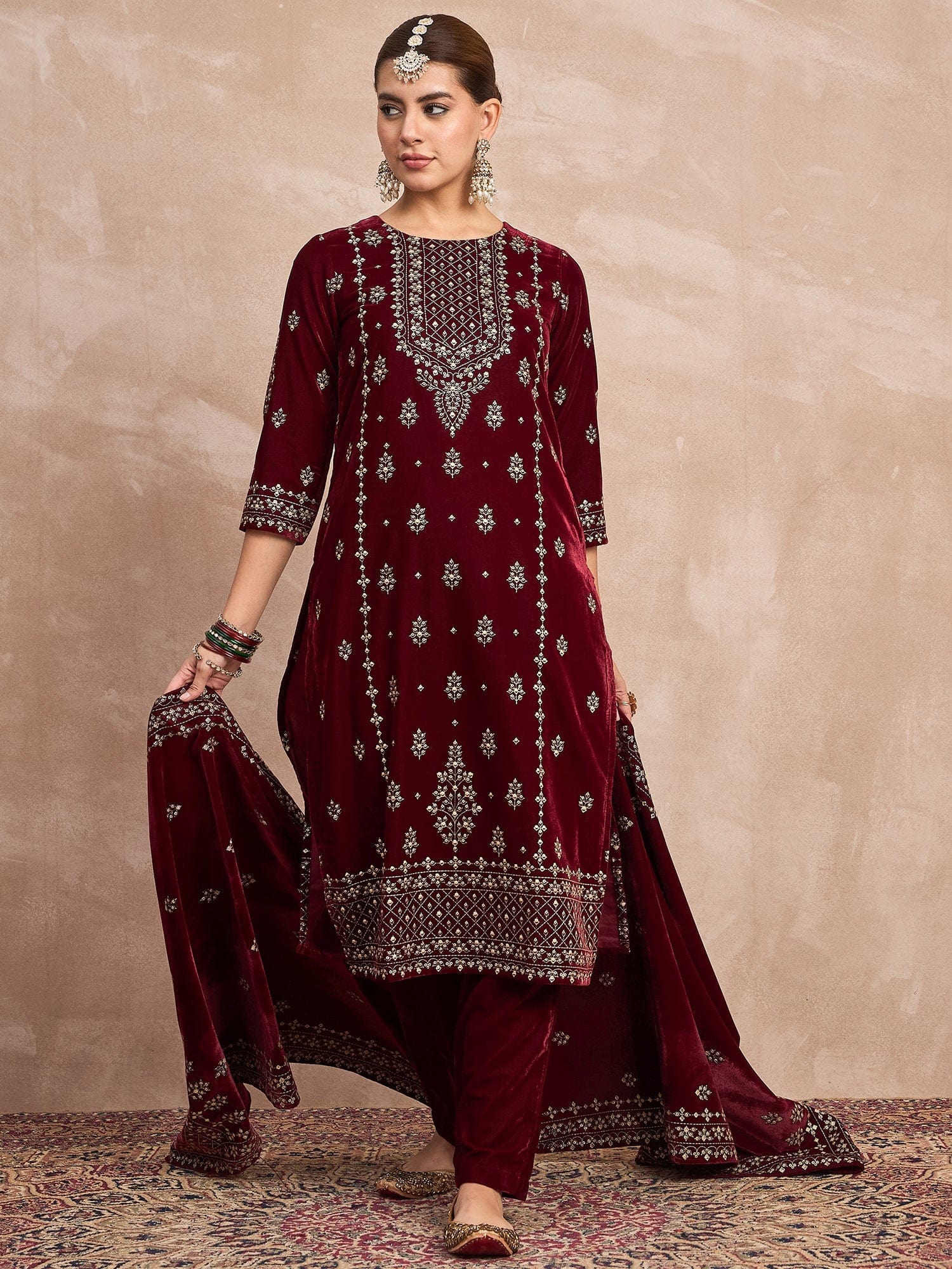Velvet  Kurta Set , Paired With Trousers, And A Printed Velvet Dupatta
