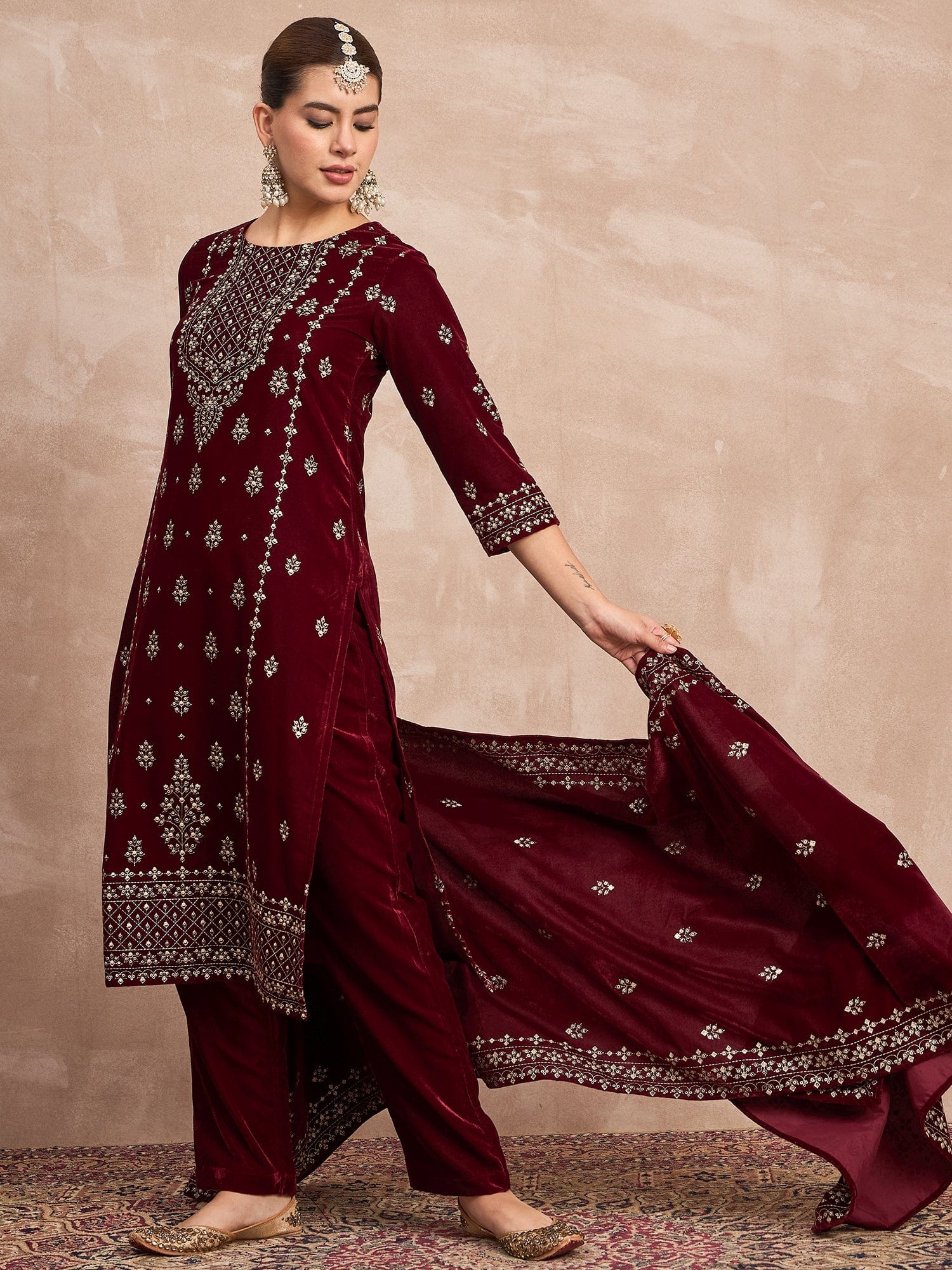 Velvet  Kurta Set , Paired With Trousers, And A Printed Velvet Dupatta