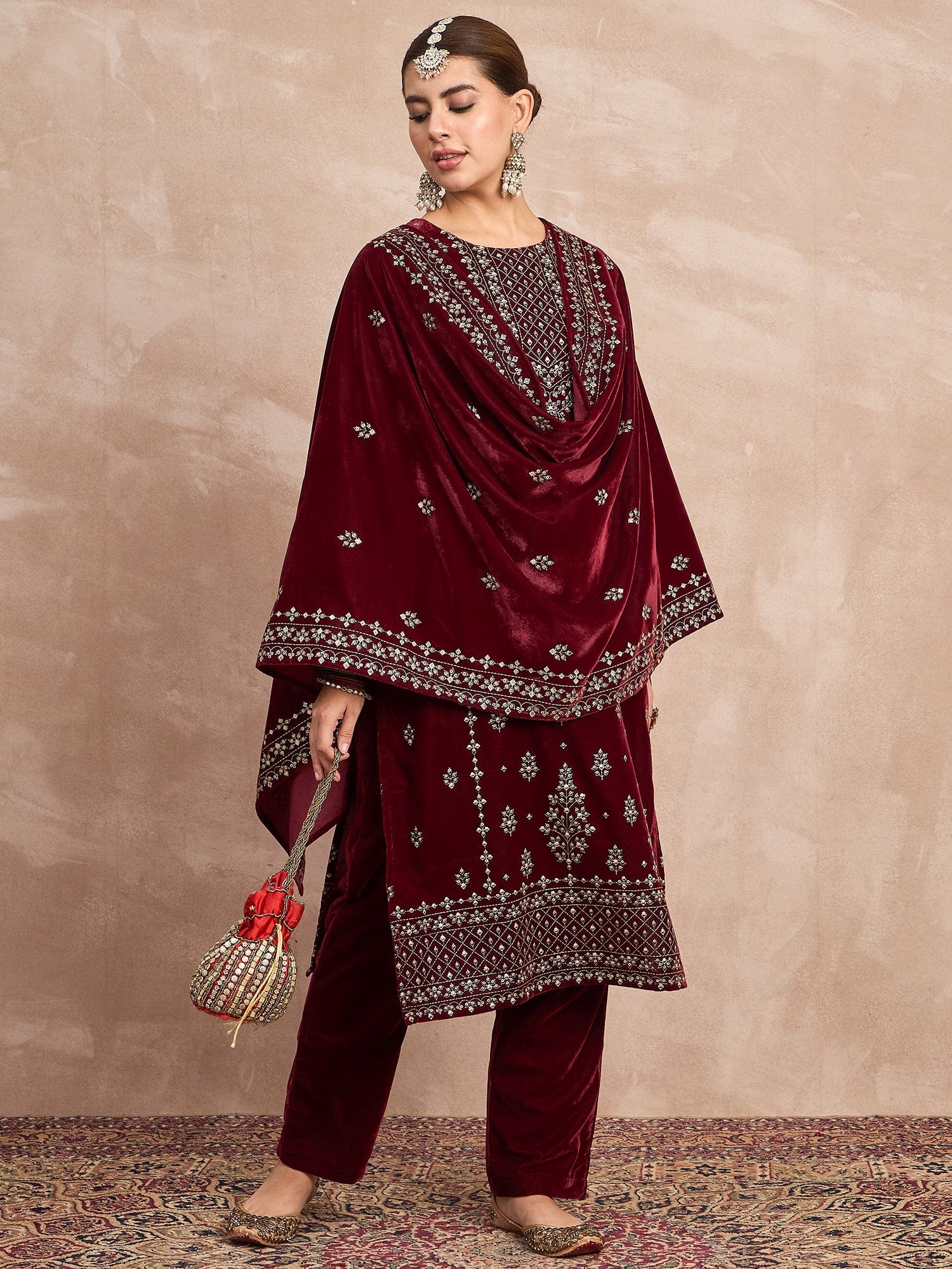 Velvet  Kurta Set , Paired With Trousers, And A Printed Velvet Dupatta