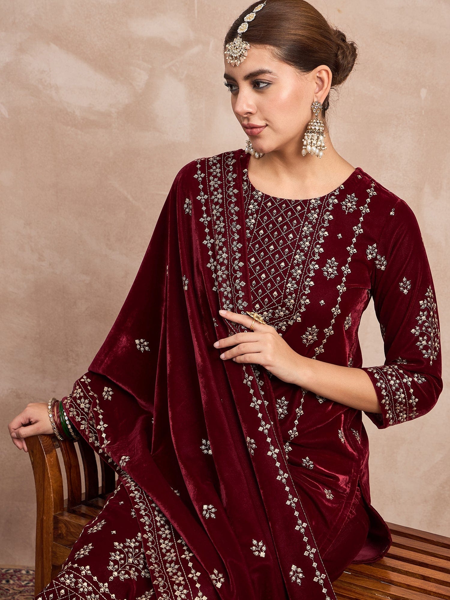 Velvet  Kurta Set , Paired With Trousers, And A Printed Velvet Dupatta