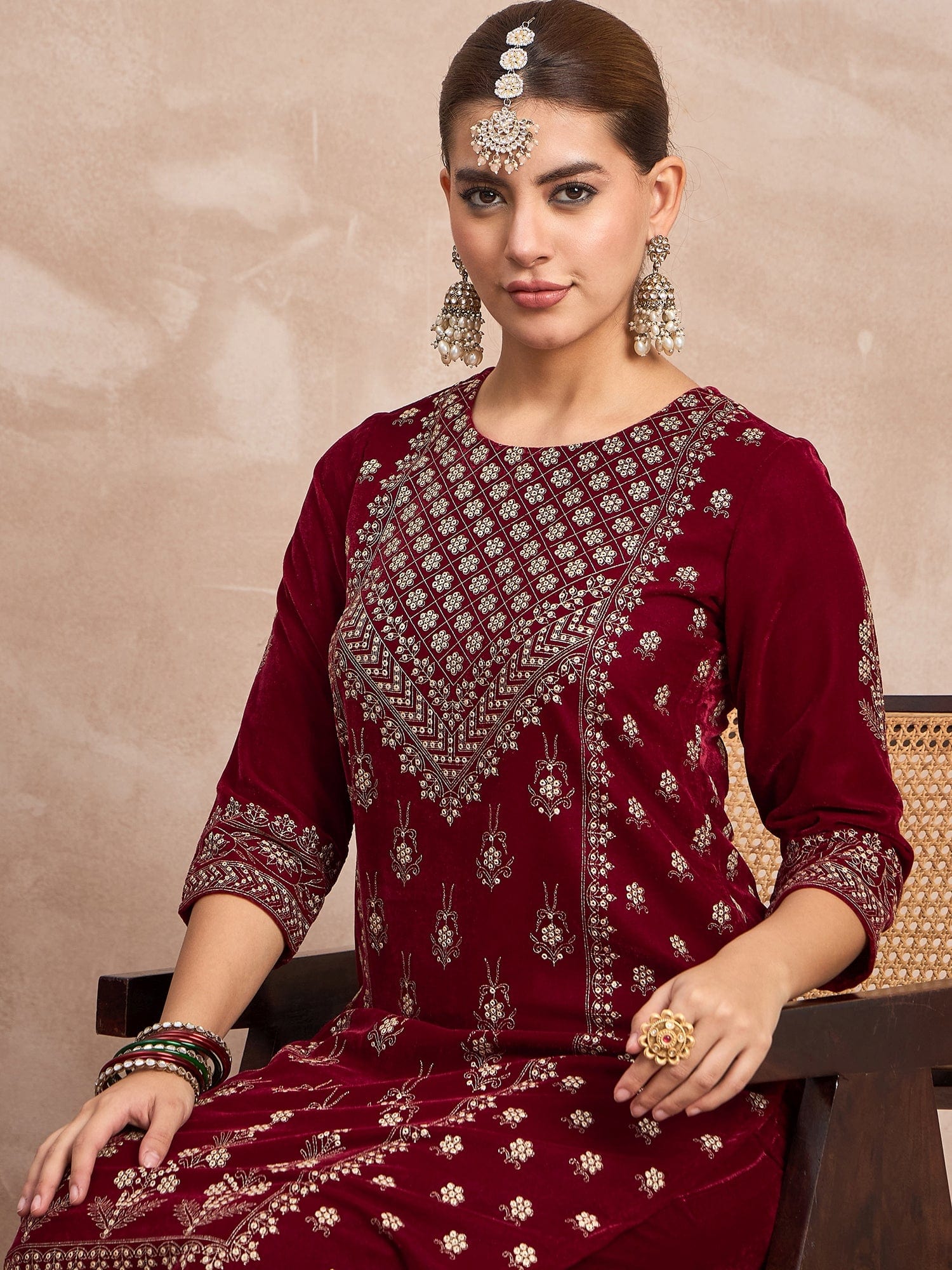Velvet Kurta With Silver Print, Paired With  Trousers For An Elegant, Everyday Look