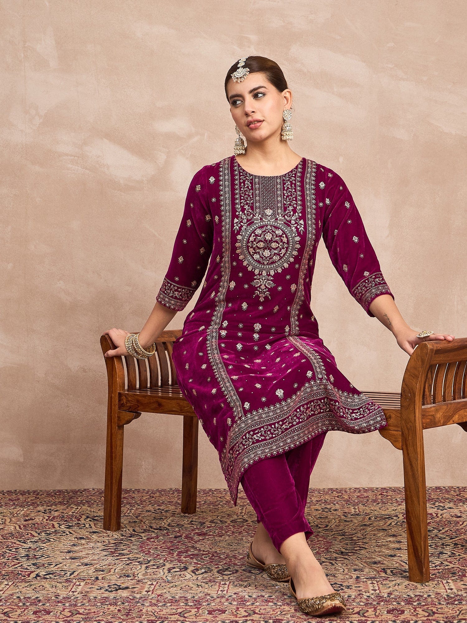 Velvet Kurta With Silver Print, Paired With  Trousers For An Elegant, Everyday Look
