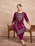 Velvet Kurta With Silver Print, Paired With  Trousers For An Elegant, Everyday Look