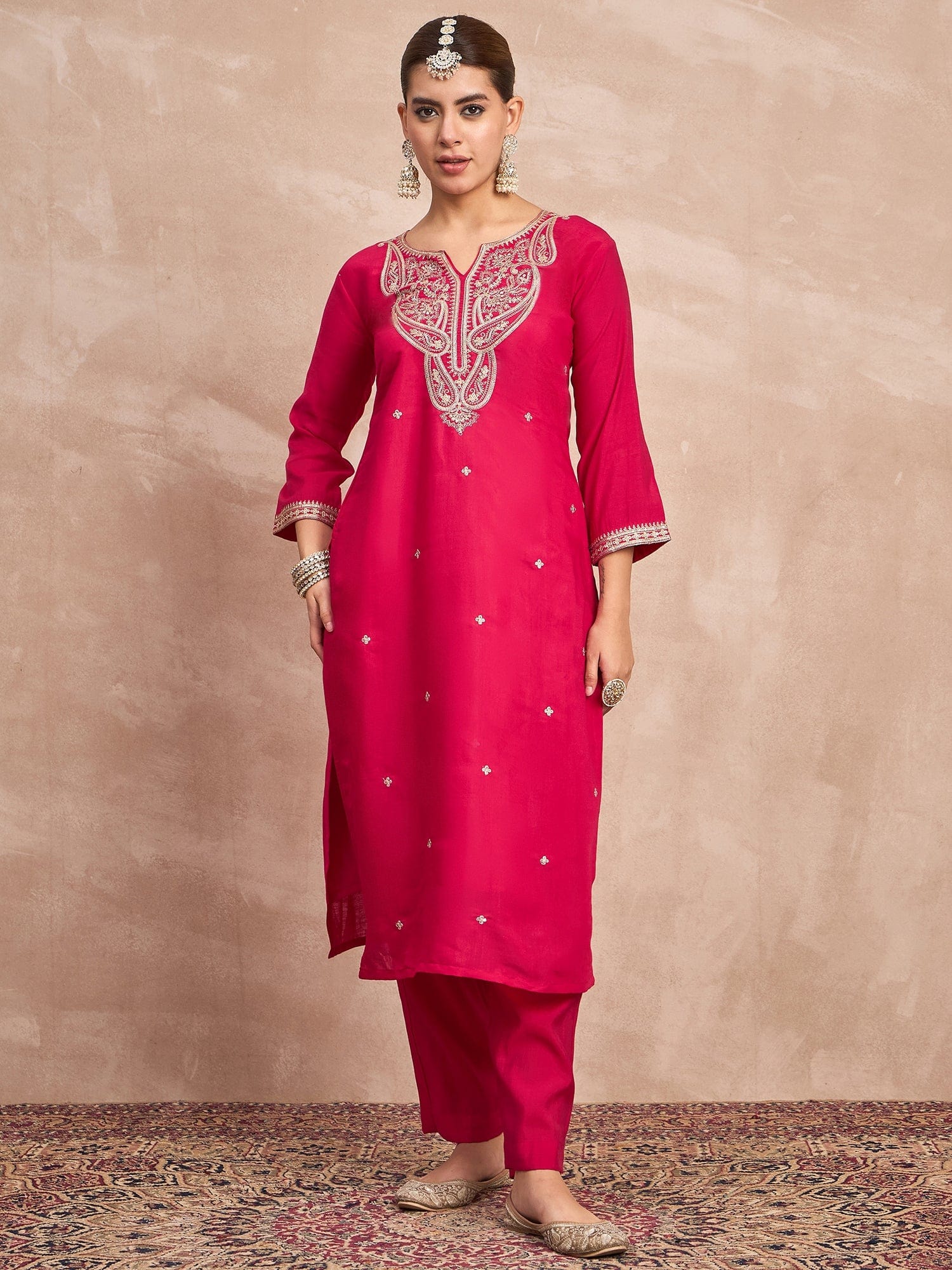 Fuchsia Straight-Fit Kurta Set With Intricate Zari Embroidery, Paired With Solid Ankle-Length Trousers And An Embroidered Dupatta For A Graceful Festive Look
