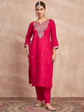 Fuchsia Straight-Fit Kurta Set With Intricate Zari Embroidery, Paired With Solid Ankle-Length Trousers And An Embroidered Dupatta For A Graceful Festive Look