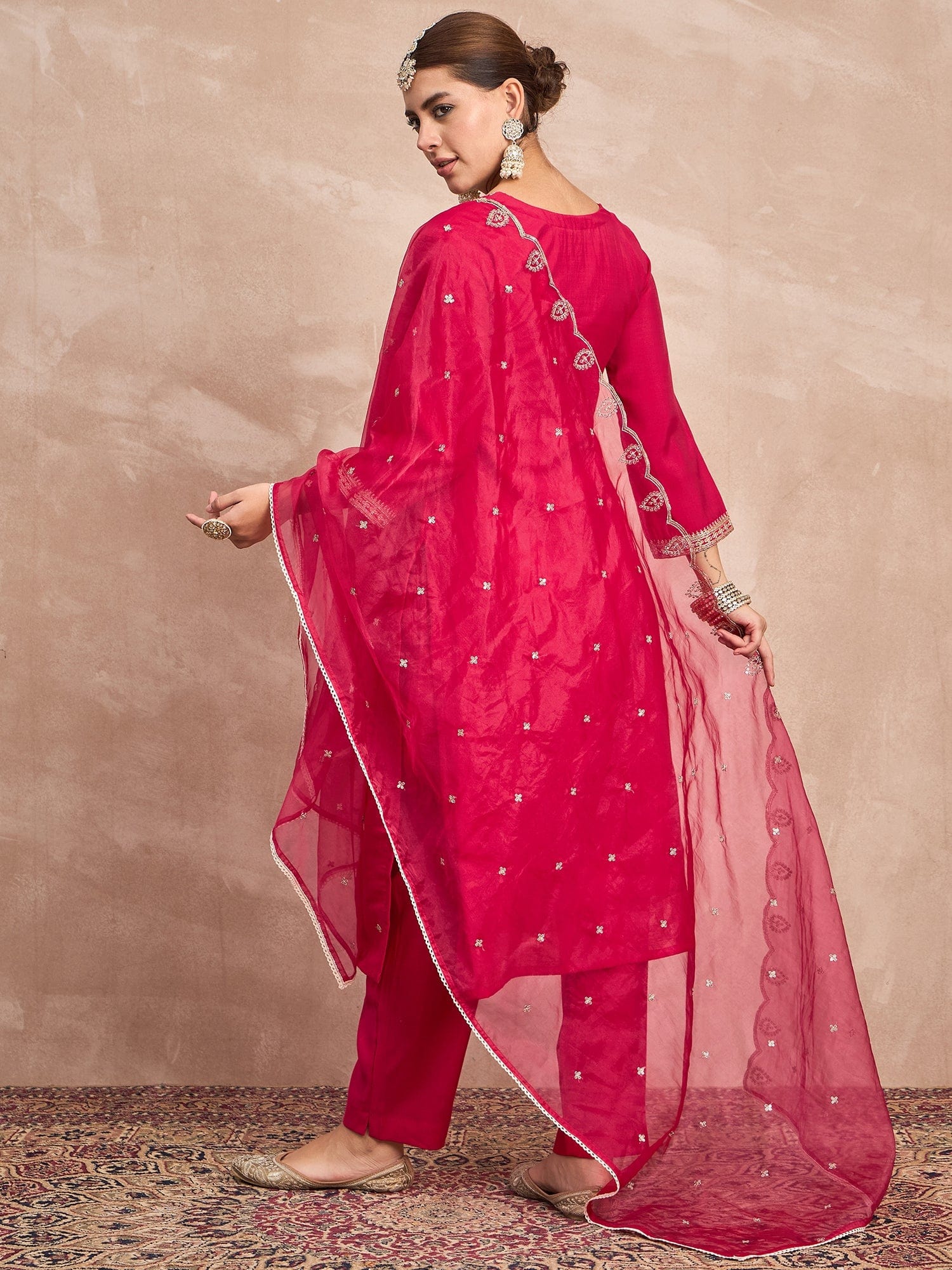 Fuchsia Straight-Fit Kurta Set With Intricate Zari Embroidery, Paired With Solid Ankle-Length Trousers And An Embroidered Dupatta For A Graceful Festive Look